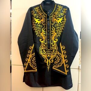 Luc Matton African Gilding Black  Dashiki Tribe Embroidery Shirt Mens Sz M